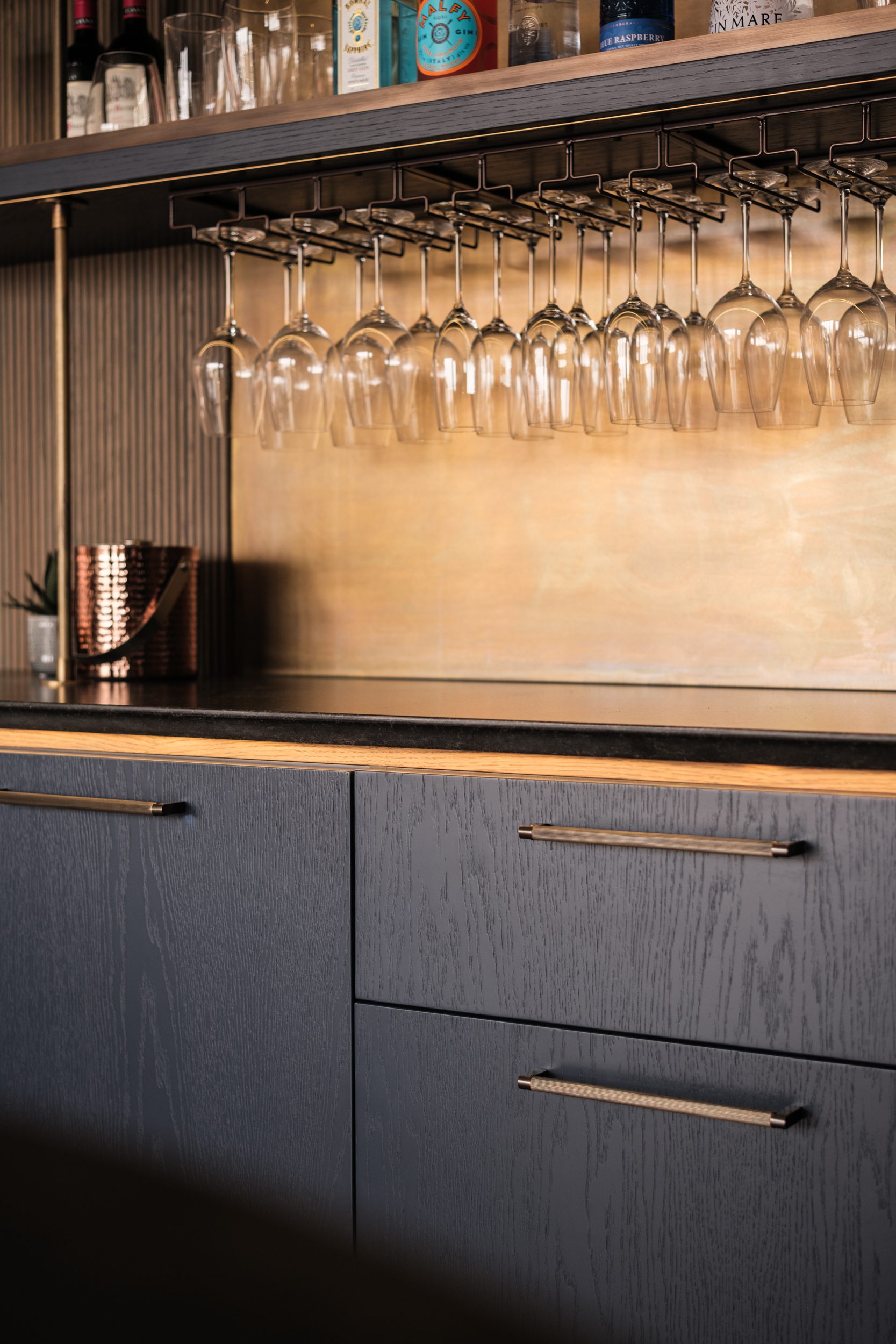 Dark blue cabinets in bar area of kitchen