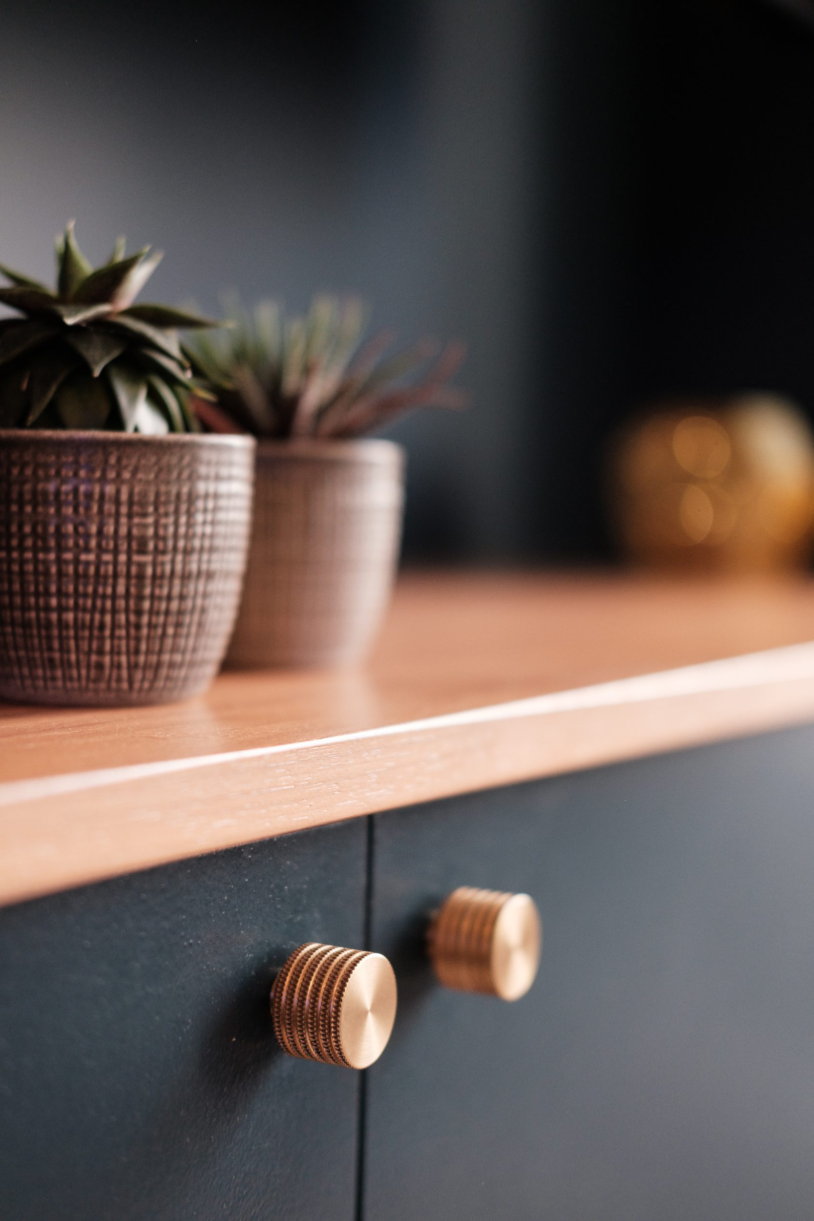 Blue cabinets in living room with bronze handles