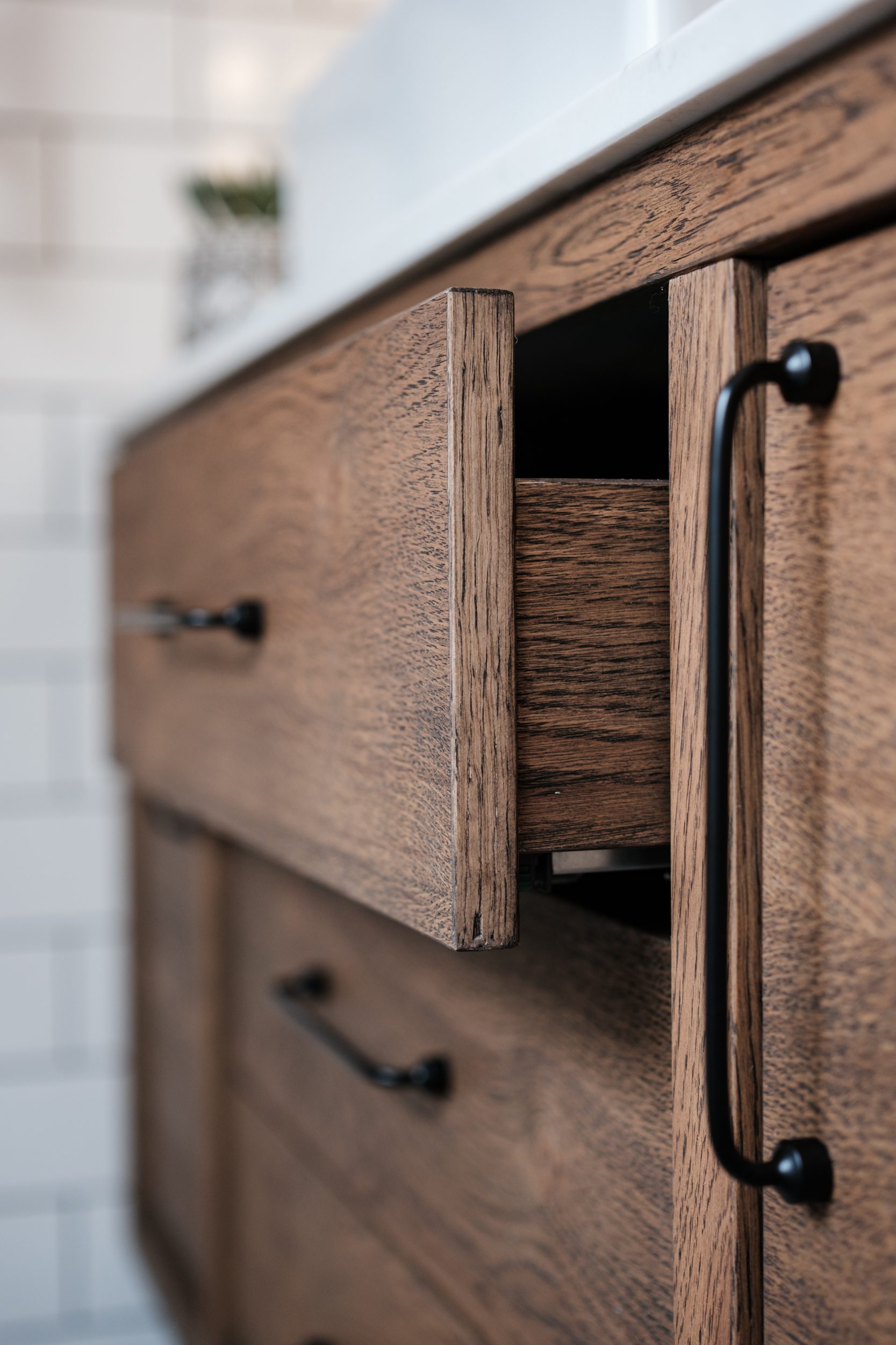 Wooden drawers in bathroom