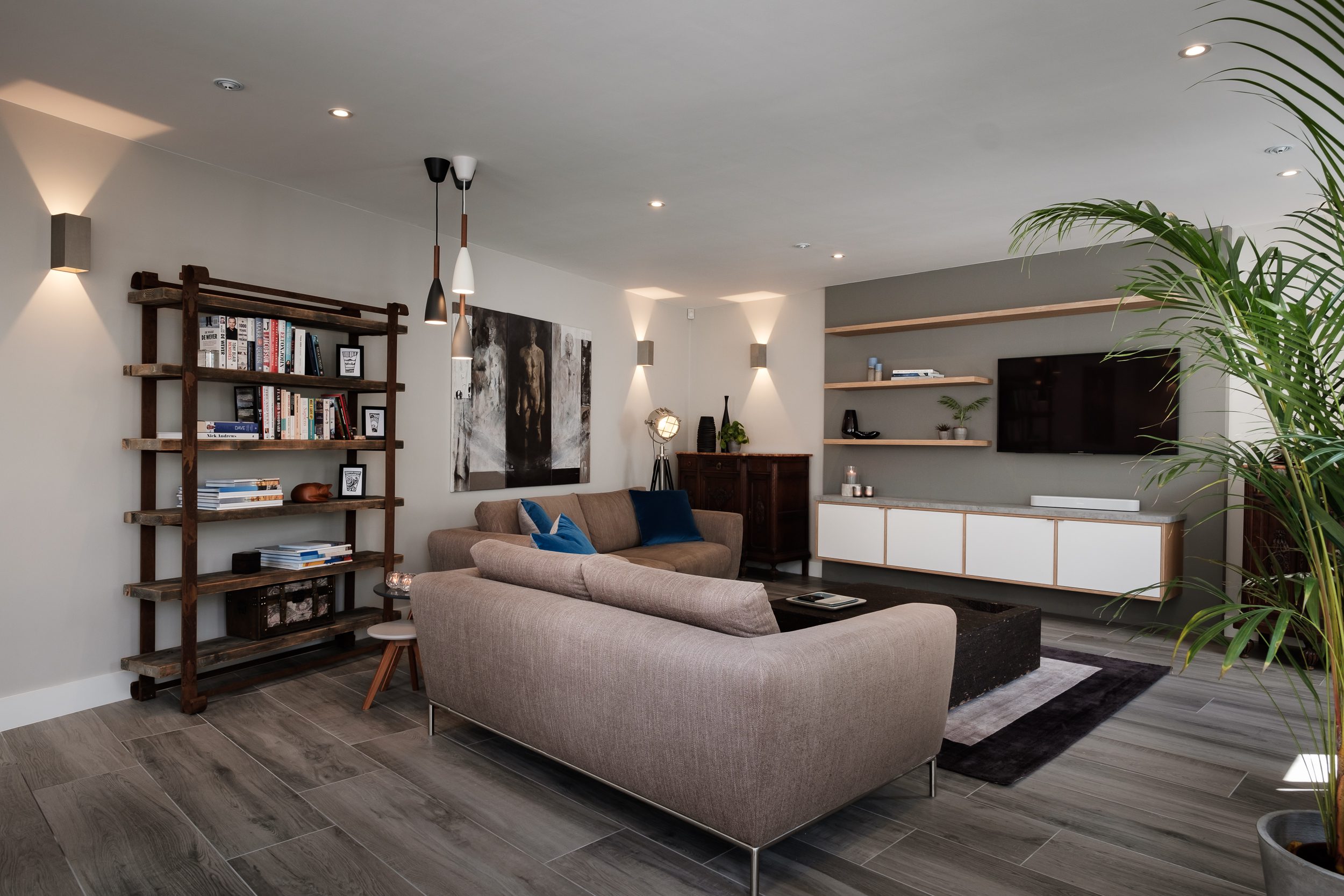 Internal drawers in a grey living room